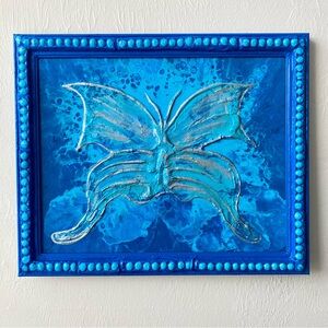 LAST CHANCE SALE! Vibrant Painting MIXED MEDIA Blue BUTTERFLY Abstract FRAMED